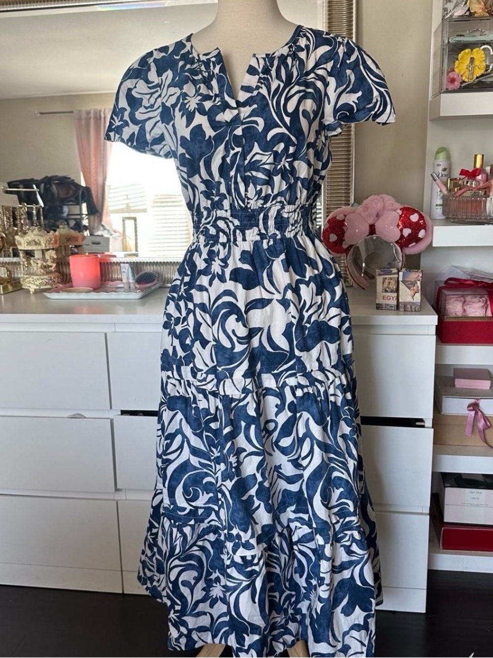 Tahari Navy and White Floral Maxi Dress